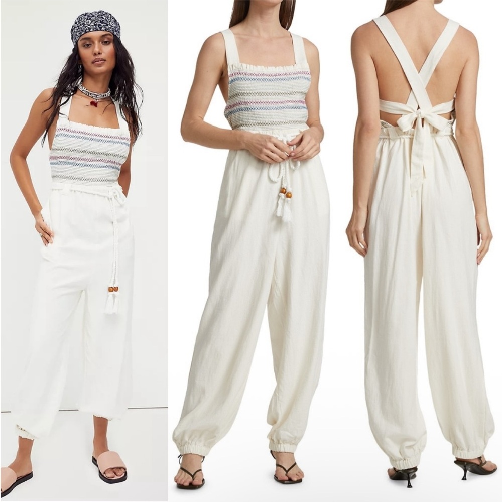 Free People Ivory Striped Knit Bodice Open-Back Jumpsuit